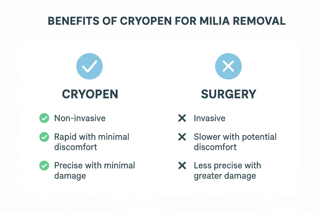 Benefits of cryopen for milia removal Brompton compared to surgical treatments.