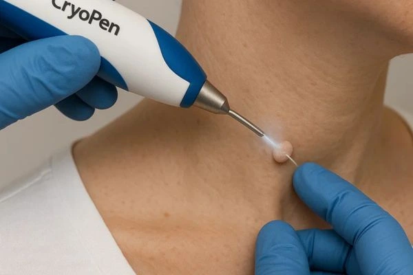 Person receiving cryotherapy Brompton for skin tag removal