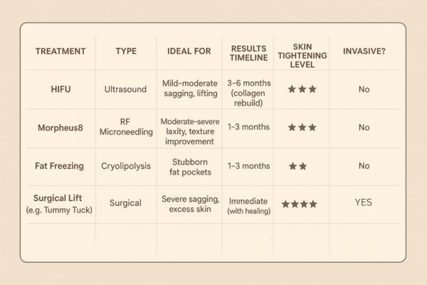 Table showing the comparisons of Skin tightening Brompton treatment options.